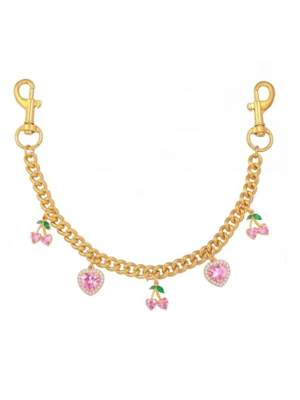 Gold Plated Bag Charm Chain with Rhinestone Cherry Heart Charms for Purse Tote